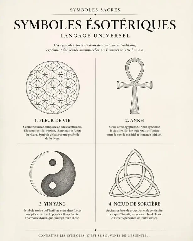 Symboles ésotériques majeurs : Fleur de Vie, Ankh, Yin Yang et Nœud de Sorcière