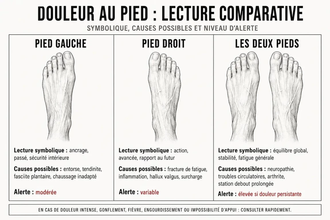 Plante du pied qui gratte signification : comparaison du pied gauche, du pied droit et des deux pieds avec causes médicales et niveau d’alerte