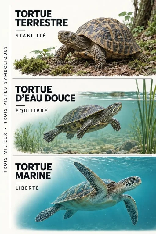 Tortue terrestre, tortue d’eau douce et tortue marine dans une illustration sur la signification spirituelle de la tortue