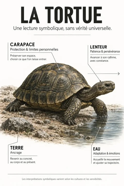 Infographie sur la tortue et sa signification spirituelle : protection, patience, ancrage et adaptation