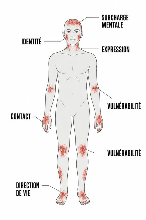 Zone eczéma signification spirituelle : carte corporelle des zones et émotions associées