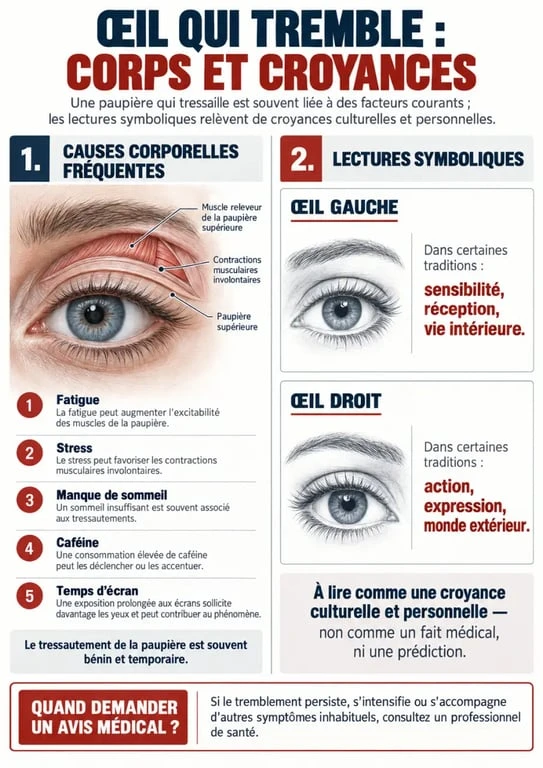 Infographie sur la signification spirituelle d’un œil qui tremble et les causes physiques possibles