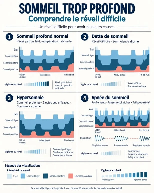 Infographie sur le sommeil trop profond et le réveil difficile : fatigue, hypersomnie et apnée du sommeil