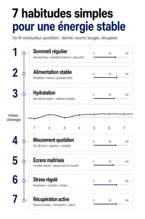 7 habitudes simples pour retrouver une énergie stable au quotidien, infographie récapitulative des leviers sommeil, alimentation, hydratation, mouvement, écrans et stress