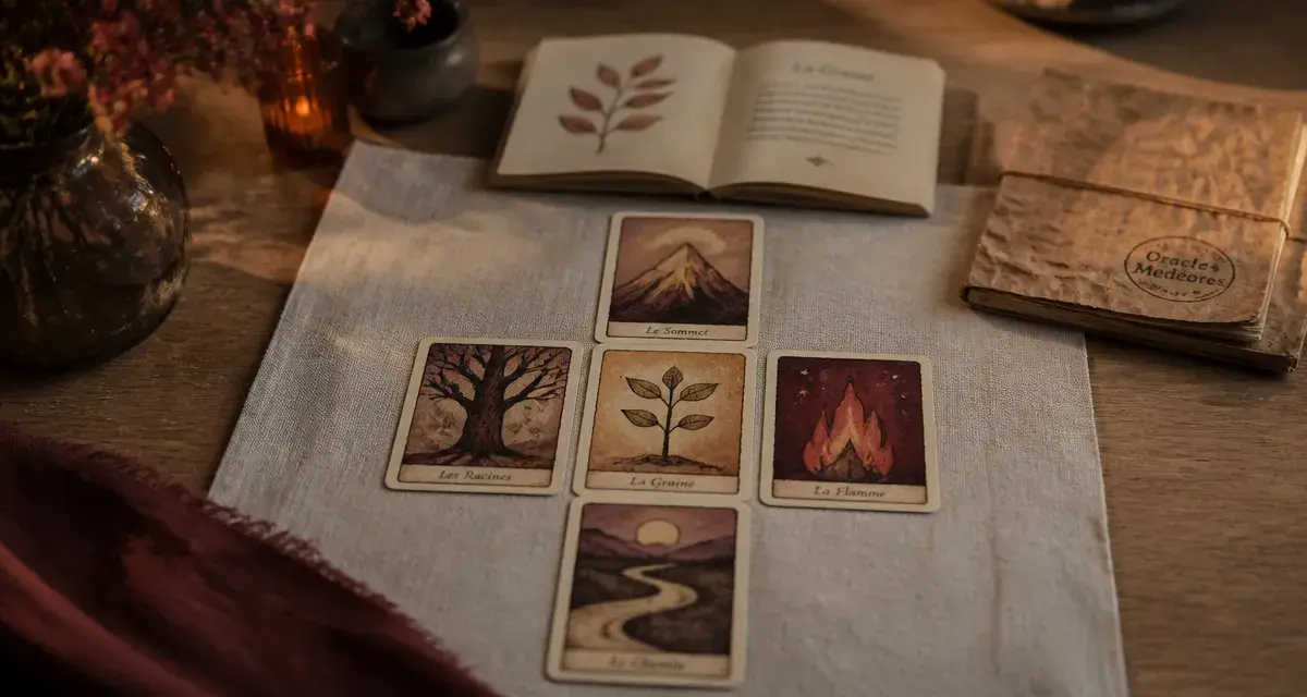 Oracle des Medeores signification cartes : 4 cartes en croix, lecture sans fatalisme
