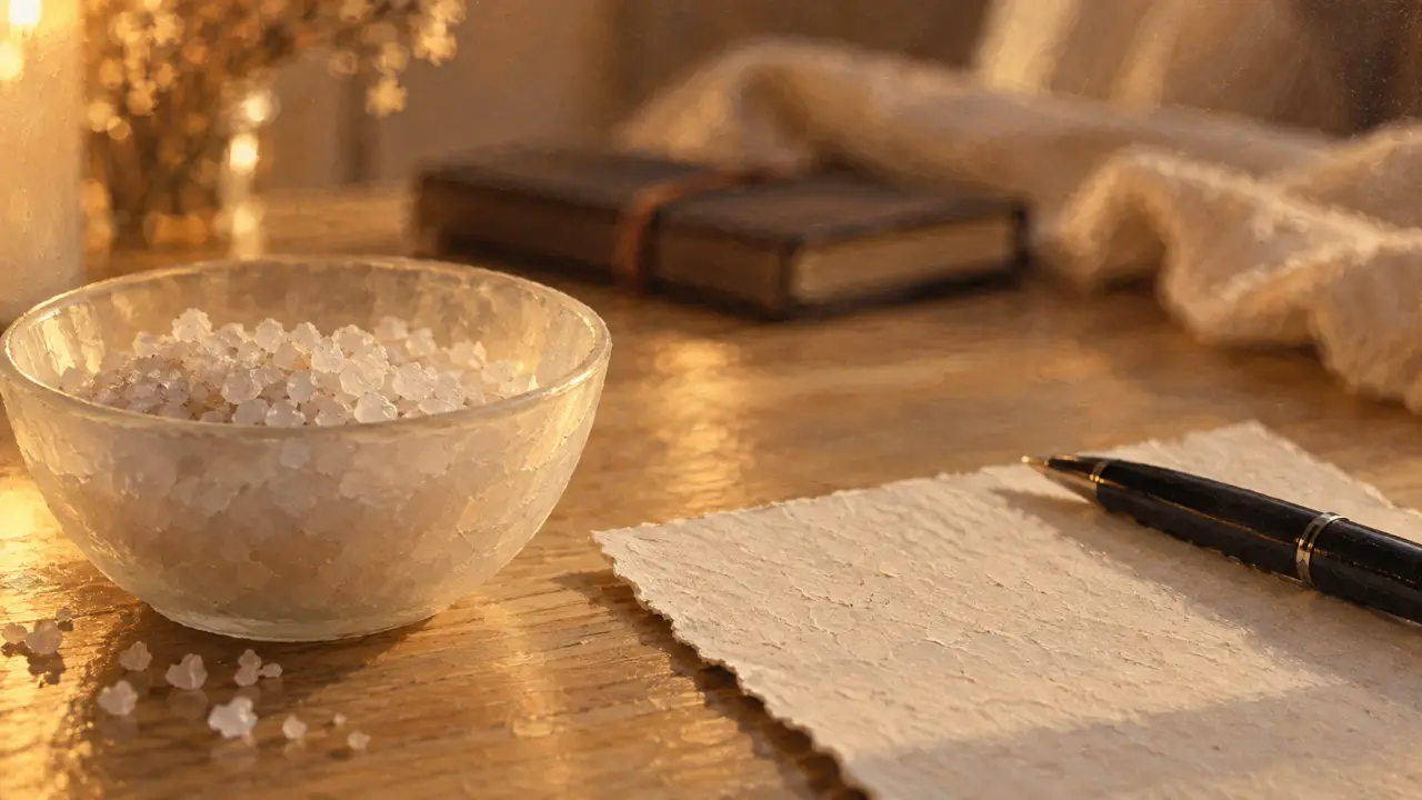 Rituel d’amour avec du sel : bol de sel marin sur table