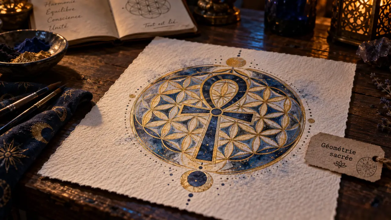 Symbole ésotérisme : Fleur de Vie et Ankh sur papier gouache