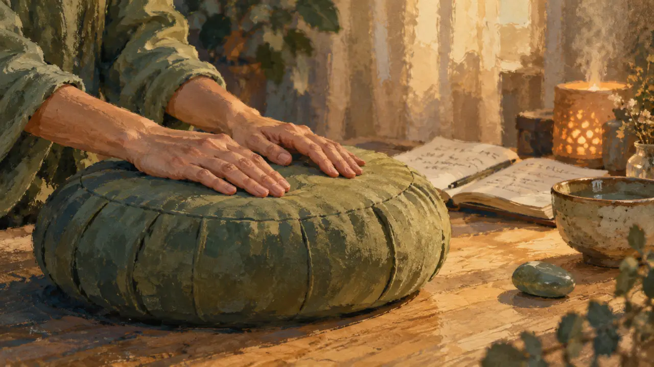 Énergéticienne c’est quoi : séance bien-être, mains sur coussin de méditation