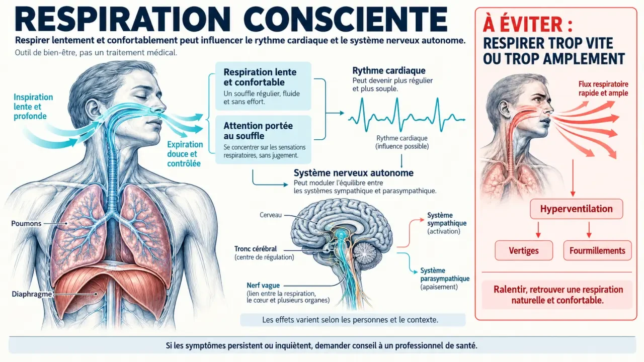 Infographie scientifique sur les breathwork bienfaits, le système nerveux et les précautions liées à l'hyperventilation