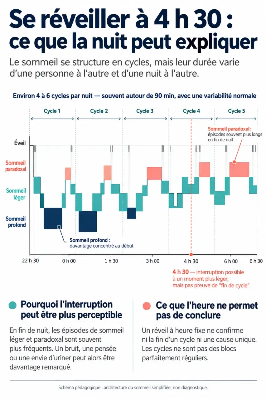 Infographie sur le réveil 4h30 et les cycles du sommeil en seconde partie de nuit
