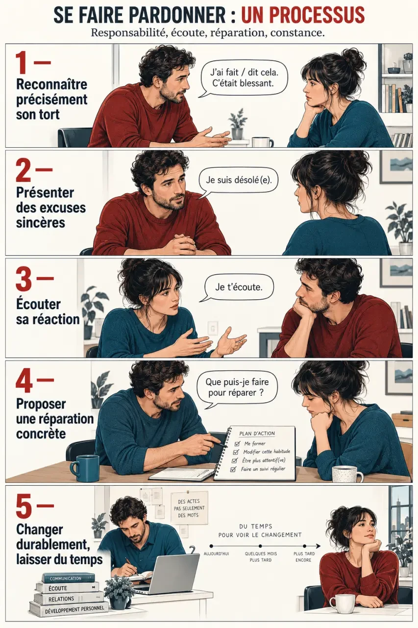 Illustration des étapes pour se faire pardonner quand on a blessé une personne