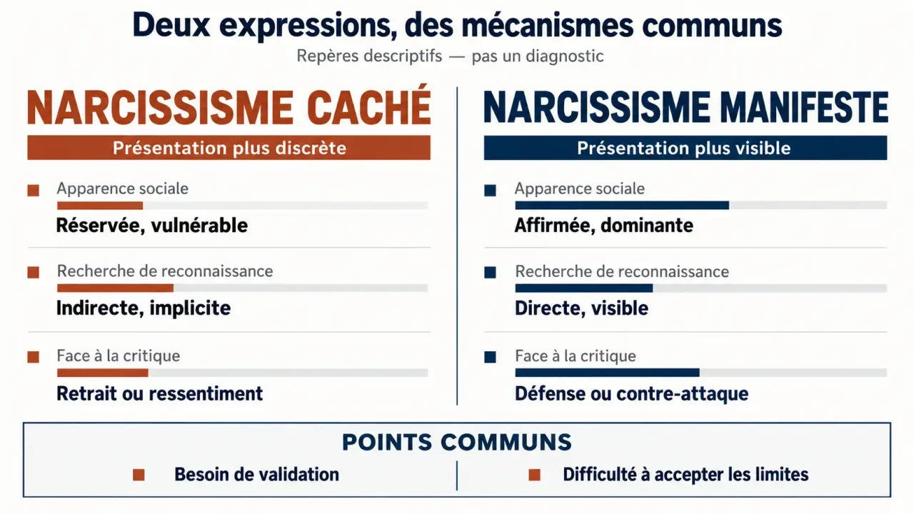 Visuel comparatif sur le narcissisme caché et le narcissisme manifeste