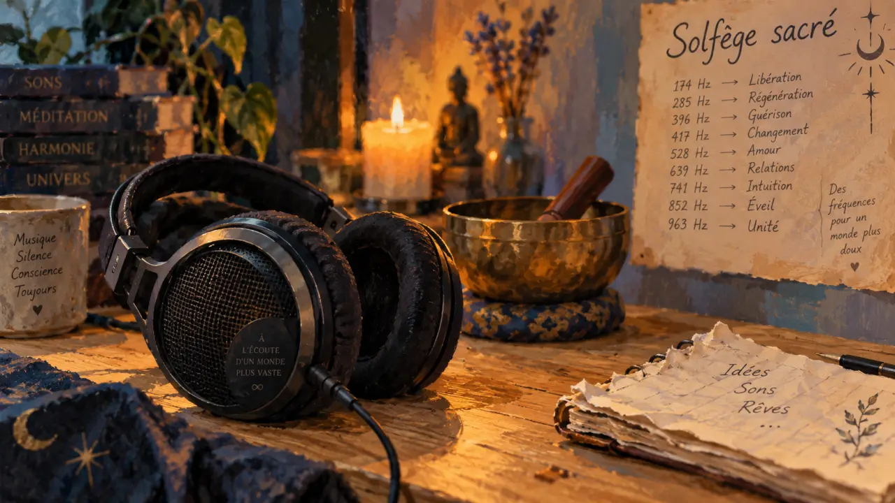 Casque, bol tibétain et liste de frequences sacrees (174 à 963 Hz).