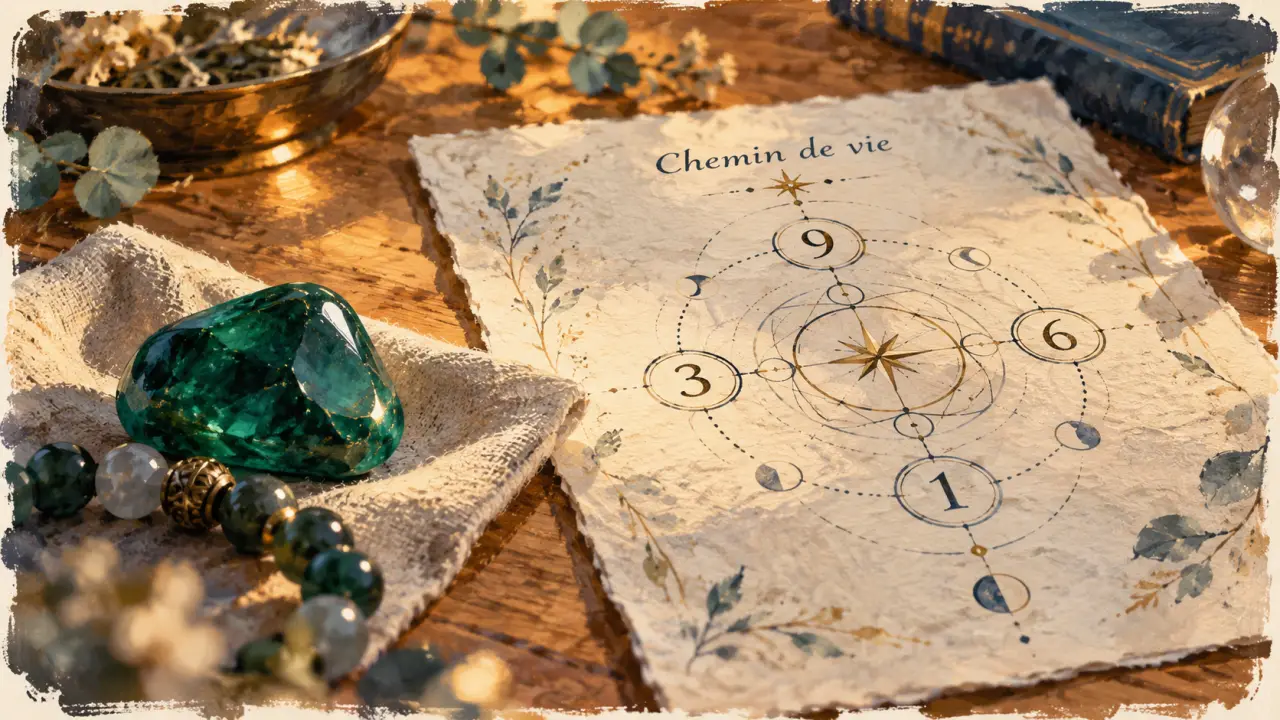 Pierre chemin de vie : pierre émeraude et schéma numérologique